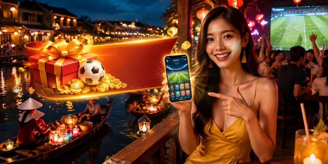 Người dùng nhập mã voucher casino trên điện thoại tại quán cà phê phố cổ Hội An