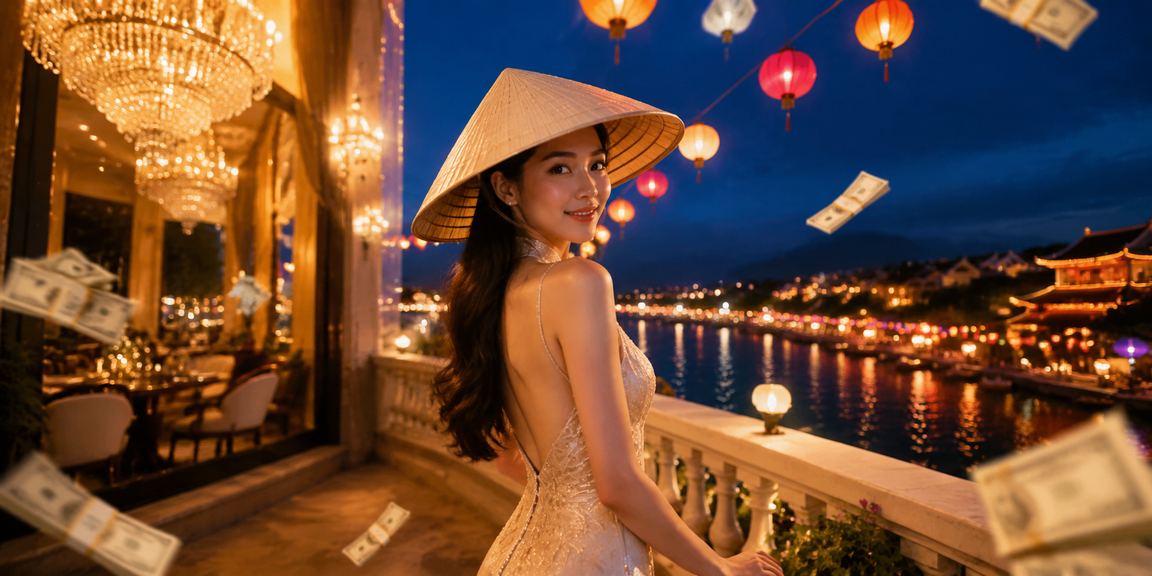 Cảnh quan Huế với hình ảnh thưởng cashback và nón lá truyền thống