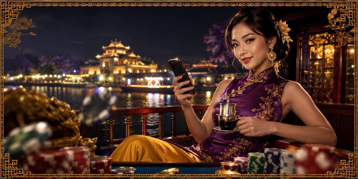 Người dùng kiểm tra ưu đãi casino trên điện thoại tại quán cà phê Huế